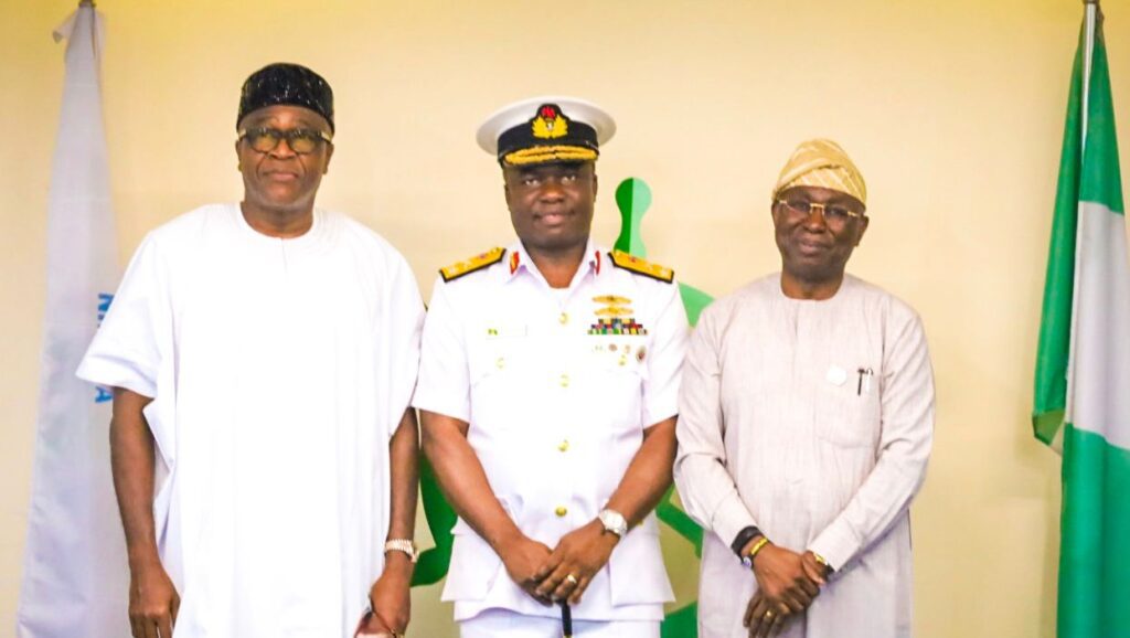 R-L: The Director General and Chief Executive Officer Of The Nigerian Maritime Administration And Safety Agency, NIMASA, Dr Dayo Mobereola; Hydrographer of the Federation; Rear Admiral Olumide Fadahunsi, Executive Director, Finance and Administration NIMASA, Mr. Chudi Offodile, during a meeting at the NIMASA Headquarters, Lagos