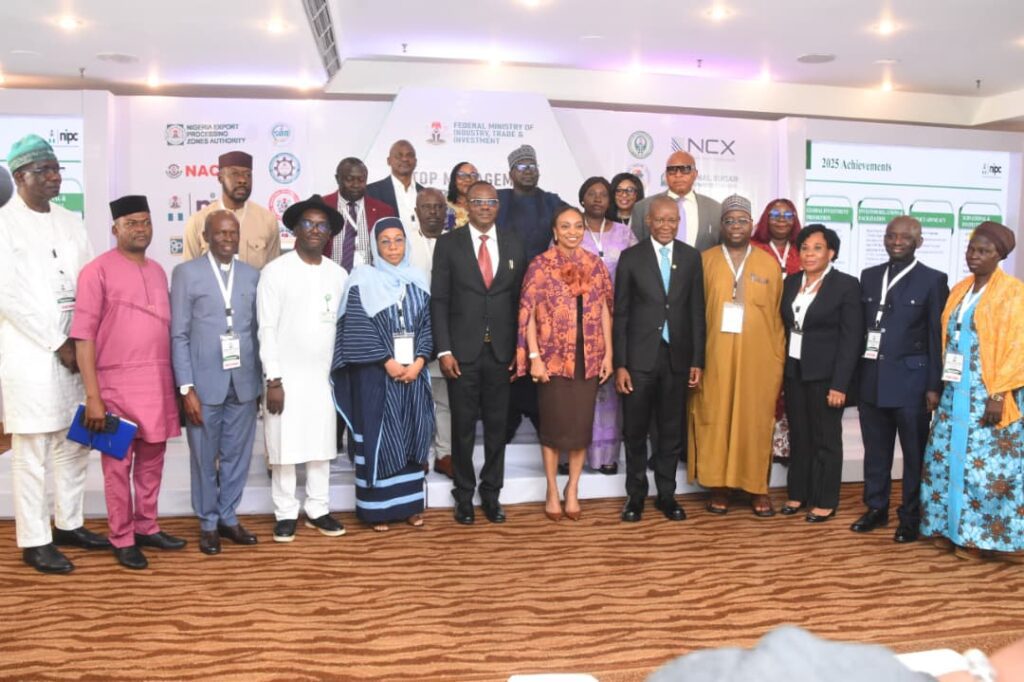 Minister of Industry, Trade and Investment, Jumoke Oduwole (6th R); Minister of State, Sen. John Enoh (5th R); Permanent Secretary, FMITI, Dr. Chris Osa Isokpunwu (6th L); the Director PPRS, Iya Ibrahim Gamawa (5th L) and Directors, DG's/ CEO'S of the agencies under FMITI, during their retreat in Abuja on Monday (22/6/2026).