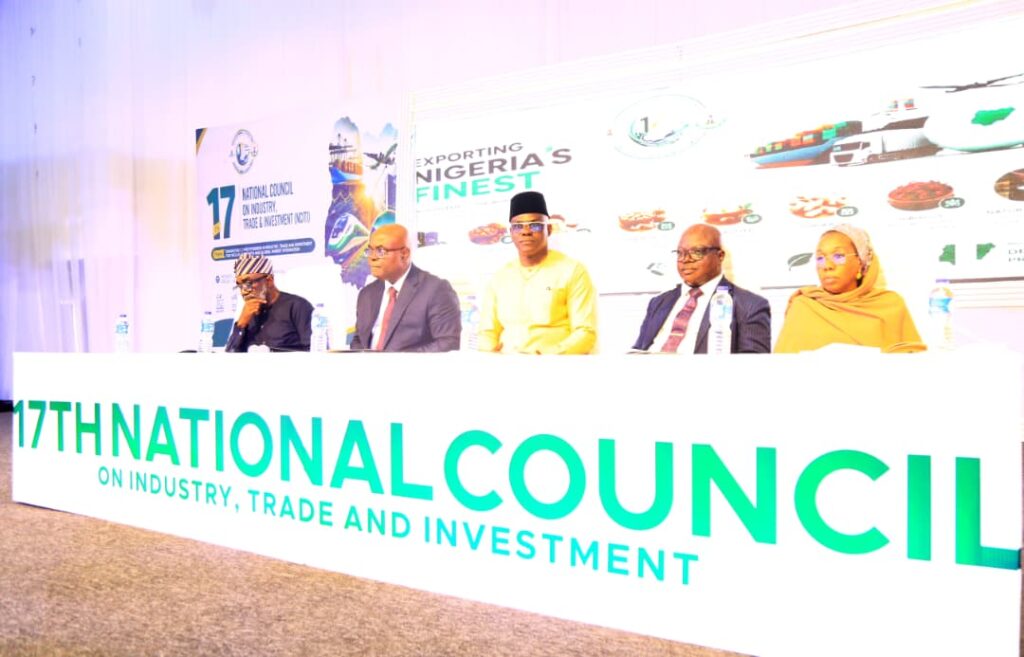 The Perm. Sec. FMITI, Dr. Chris Osa Isokpunwu (2nd left) the Enugu State commissioner of Trade, Investment & Industry, Dr. Sam Ogbu-Nwobodo, (1st left), the Perm. Sec., Enugu State Min. of Trade, Investment and Industry, Mr. Ifeanyi Onah JP. (2nd right), the Dir. PPRS , FMITI, Mrs Iya Gamawa (1st right), during the opening ceremony of 17th National Council on Industry Trade and Investment, (NCITI) ongoing in Enugu Monday 20th -Friday 24th July 2026.