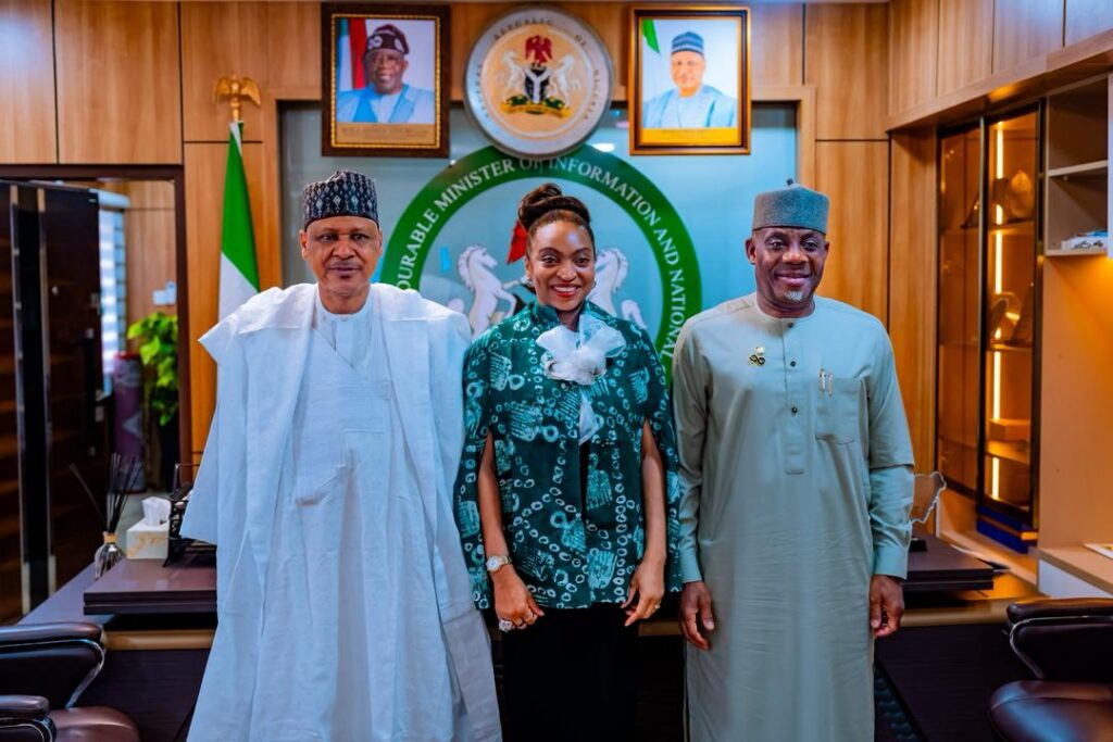 Honorable Minister FMITI, Dr. Jumoke Oduwole MFR (middle) flanked to the left by the Honorable Minister FMINO, Mohammed Idris and to the right by the Honorable Minister of Education, Dr. Maruf Olatunji Alausa in a group photograph at the official launch of " Hire From Nigeria" campaign in Abuja.