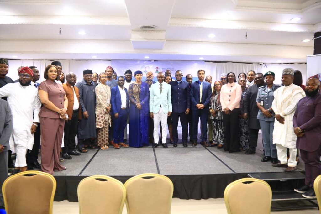 The Hon. Minister of State (Industry) FMITI, Sen. John Owan Enoh, (middle) the Perm. Sec. FMITI, Dr. Chris Osa Isokpunwu, the SSA to the Vice President on Public Health, Mrs Uju Vanstasia Anwukah, the Executive Director, ATNi, Mr Greg Garrett, the CEO Improved Nutrition Advocacy Foundation, Dr. Adedotun Owolabi , and other Stakeholders, in a group photograph during the Private Sector High Level Roundtable Engagement on Nutrition 774 Initiative, held in Abuja on Wednesday 16th Sept. 2026.